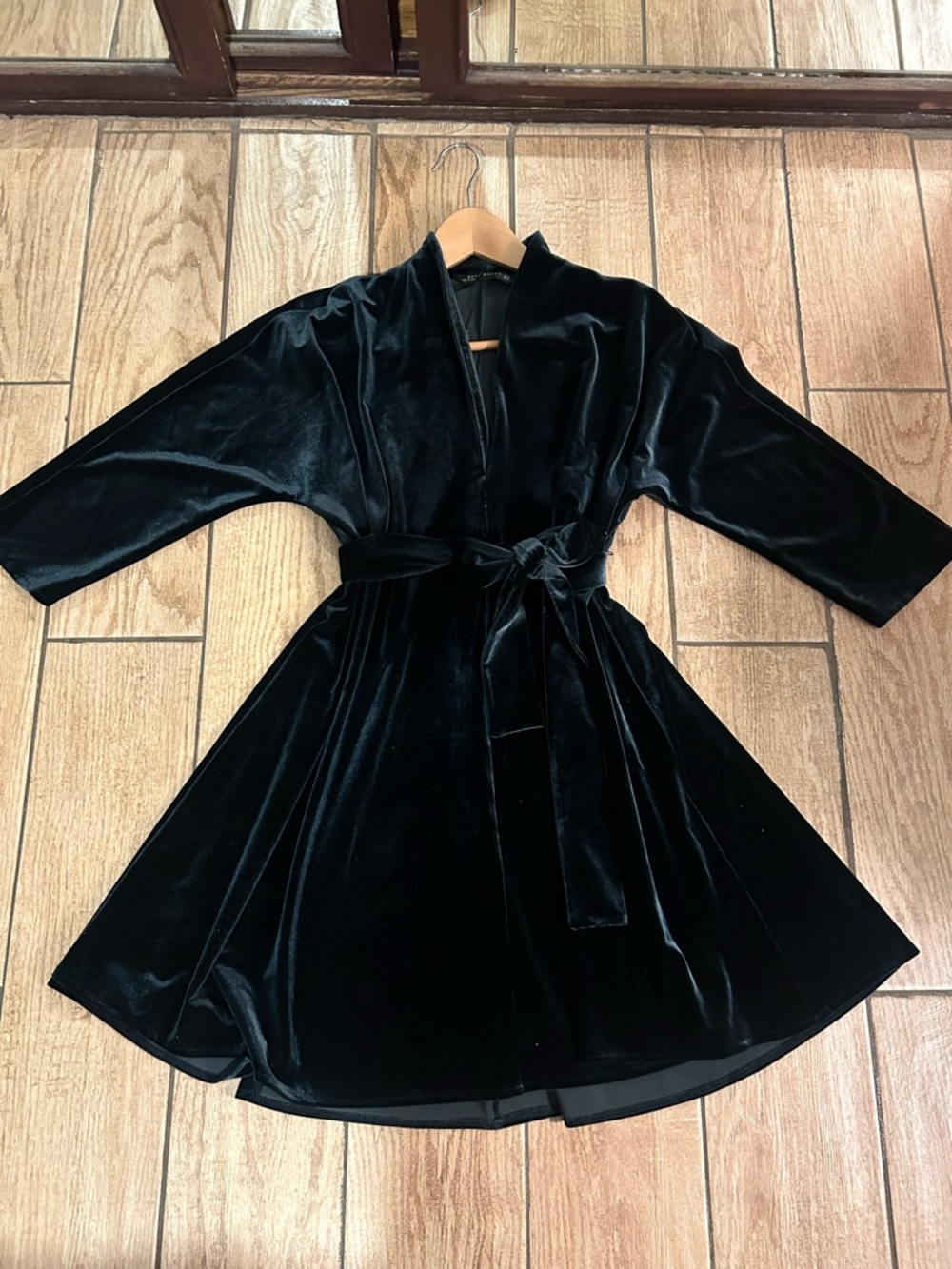Deep Green Velvet Wrap Dress with Waist Tie